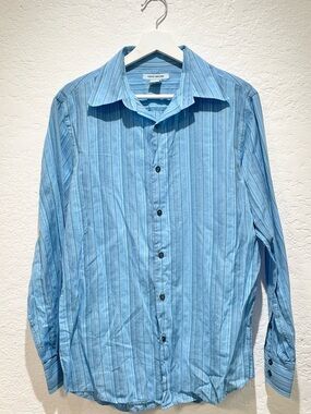 Light Blue Striped Button-Up Shirt Size M 100% Cotton Gene Meyer
